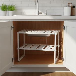 Étagère de rangement extensible blanche à 2 niveaux pour sous-évier et armoire de cuisine - Product Image 2