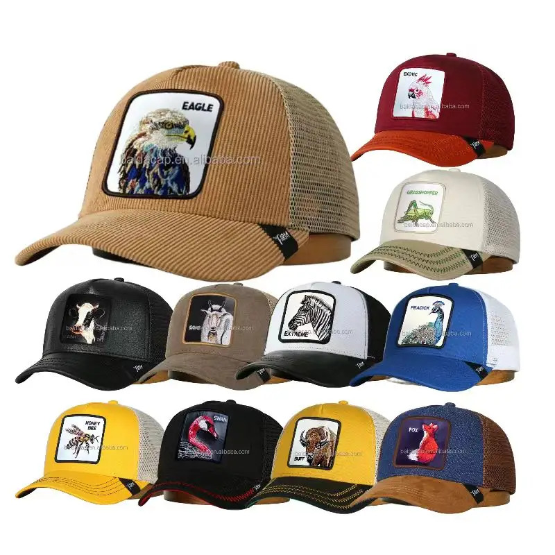 Sombrero de camionero personalizado bordado de alta calidad Anime parche gorra de camionero Gorras de béisbol de malla Animal 5 paneles sombreros de camionero de dibujos animados