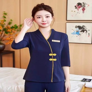 Nouvelle conception de tenues d'esthéticiennes à col <span class=keywords><strong>mandarin</strong></span>, manches trois quarts, uniforme de travail pour salon de beauté et centre de spa - Product Image 1