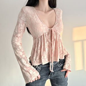 Top de Punto para Mujer, Cuello en V, Manga Larga, Transpirable, Ecológico, Estilo Casual Otoñal, con Detalle de Lazo - Product Image 4