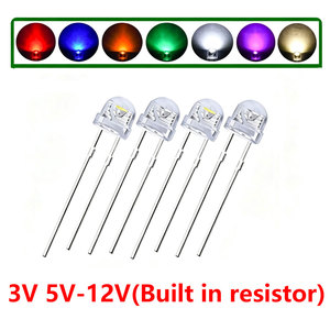 50 pièces Diodes électroluminescentes (LED) F5 3V 5V 12V super lumineuses 5mm à résistance intégrée, type « chapeau de paille », bleu glace, vert, rouge, jaune, blanc chaud - Product Image 1