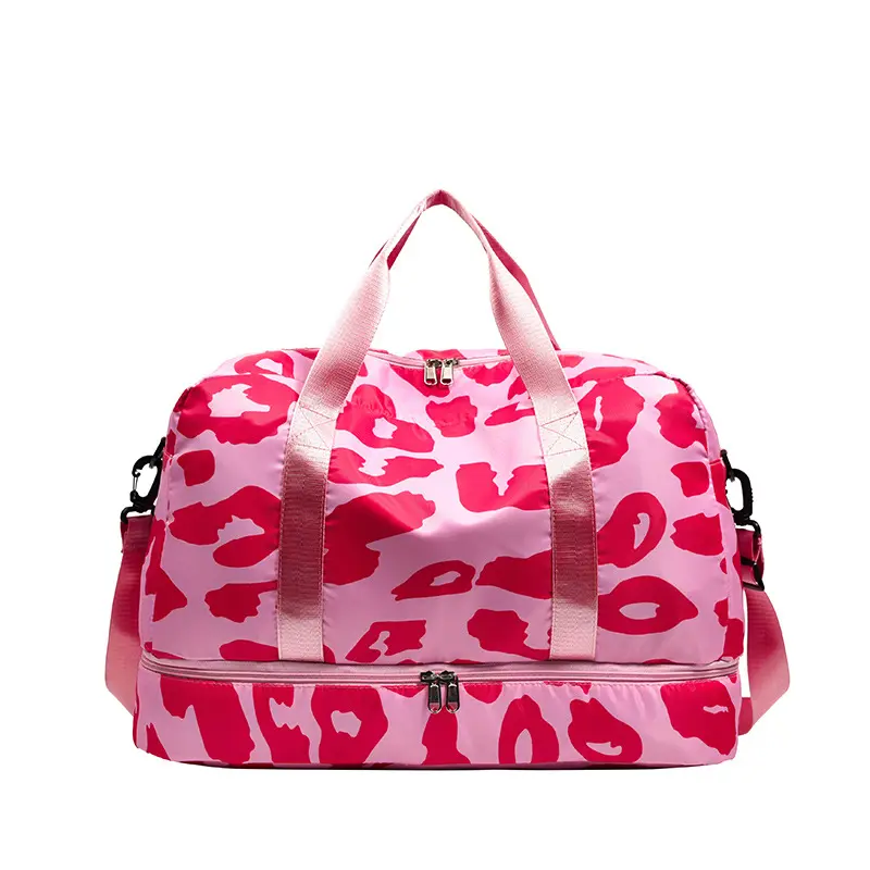 Groothandel Grote Custom Logo Leuke Luipaard Print Rits Roze Sport Weekend Reizen Duffle Tassen Voor Vrouwen