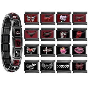 Pulsera de Eslabones de Acero Inoxidable con Dijes Italianos de San Valentín al por Mayor, Estilo Neo-Gótico Y2K, Dijes Negros y Dorados de 9mm, Regalo de Joyería - Product Image 1