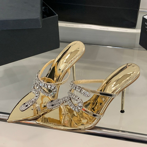 Sandalias de tacón alto y fino para mujer, con diamantes de imitación, correa de serpiente, zapatos de verano, mules de tacón de aguja con punta puntiaguda y pedrería completa. - Product Image 3