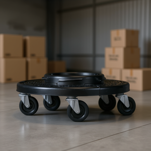 Piattaforma di stoccaggio rotonda nera con ruote per spostare e trasportare oggetti pesanti - Product Image 3