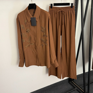 Ensemble décontracté en lin pour <span class=keywords><strong>femme</strong></span> : Chemise à manches longues ornée de perles et de fleurs + <span class=keywords><strong>Pantalon</strong></span> large à <span class=keywords><strong>taille</strong></span> élastique - Product Image 5