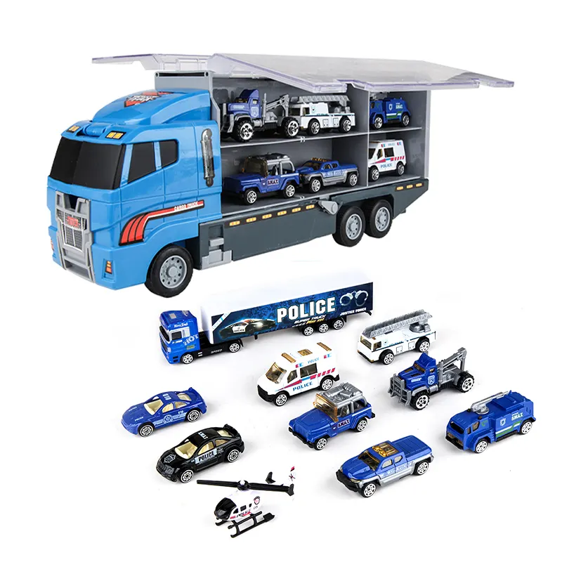Ejection Track Diecast Modellen Container Truck Speelgoed Custom Logo Met Politie Auto Speelgoed Voor Kinderen