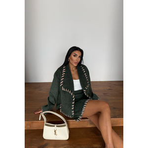 Conjunto Formal de 2 Piezas: Chaqueta Corta de Lana Verde con Cuello de Pastor y Falda Corta, Corte Holgado, Nueva Llegada - Product Image 1