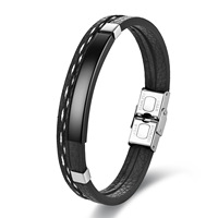 Bracelet Homme Personnalisé en Cuir Véritable et Acier Inoxydable avec Plaque à Graver pour Logo ou ID – Breloque Barre à Estamper