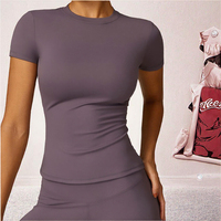 T-shirt respirant en maille à col rond SK1219, polyester léger et extensible, manches courtes, uni, pour yoga, course à pied, décontracté, coupe ajustée