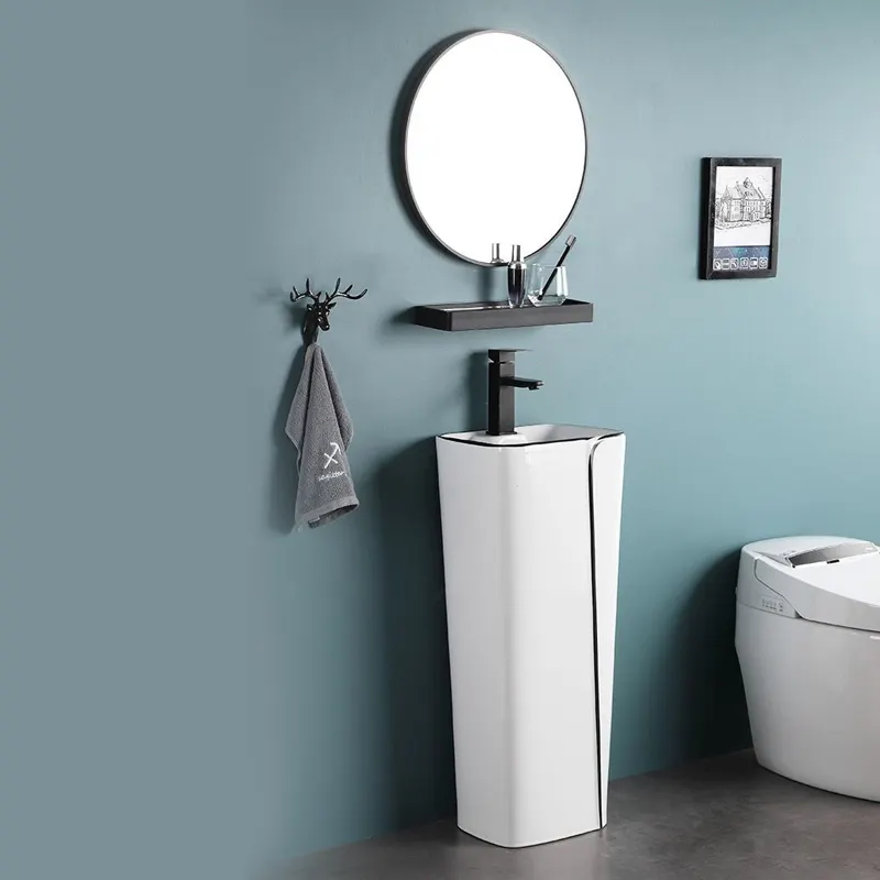 Lavatório de mão com suporte livre, novo design, cor branco brilhante, dourado e preto, lavatório de cerâmica