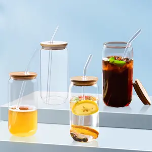 Popular 14oz 400ml Borosilicate Frosted Drinking Glass Cup With Bamboo Lid