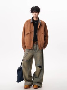 Giacca Vintage Americana in Pelle Scamosciata con Colletto a Contrasto per Uomo, Stile Maillard, Cappotto Casual Oversize per Autunno e Inverno - Product Image 3