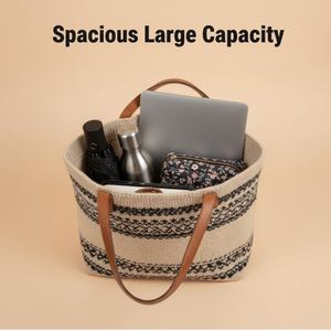 Sac fourre-tout décontracté grande capacité pour femme, style rétro français, rayures horizontales, en coton tissé, avec poignées en faux bambou et protection RFID - Product Image 2