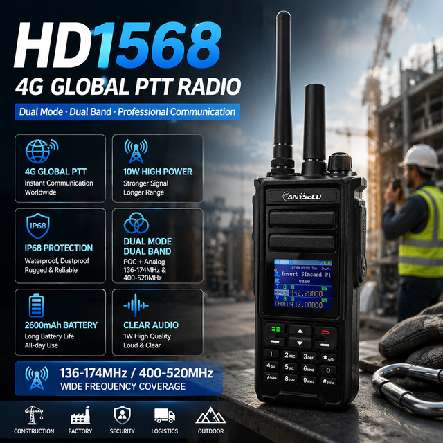 Anysecu HD1568 10W Dual Mode 4G POC Walkie Talkie UHF VHF 199CH IP68 Waterproof Global PTT Two Way Radio 2600mAh Type-C Radio