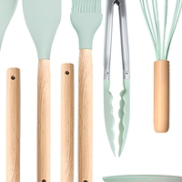 Ensemble d'ustensiles de cuisine en silicone 12 pièces, vert menthe, manche en bois, kit d'outils de cuisson résistant à la chaleur pour wok et ustensiles de cuisine