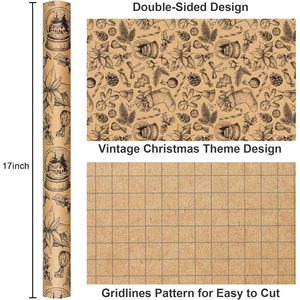 Kraft Christmas Wrapping <b>Paper</b> <b>Roll</b> 17 Inch X 33 Feet Vintage Gingerbread Socks Pattern Brown Holiday Gift <b>Wrap</b> - Product Image 3