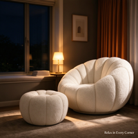 Ensemble de fauteuils pivotants en tissu laine d'agneau moderne, avec structure en bois massif, fauteuil lounge moelleux et ottoman, pour salon et détente