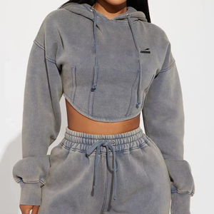 Set Personalizzato <span class=keywords><strong>da</strong></span> <span class=keywords><strong>Donna</strong></span> con Felpa Crop a Collo Alto in Cotone, Grigio Lavato, Abbigliamento Sportivo, <span class=keywords><strong>Tute</strong></span> Plus Size con Logo Personalizzato - Product Image 1
