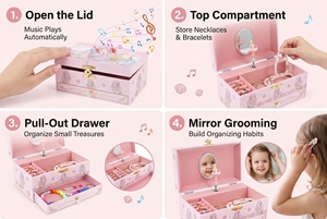 กล่องดนตรีรูปนางเงือกขนาด 7 นิ้วสำหรับเด็กผู้หญิง พร้อมนักบัลเลต์หมุนได้ กล่องเก็บเครื่องประดับดนตรีพร้อมกระจกและลิ้นชัก สีชมพู - Product Image 3