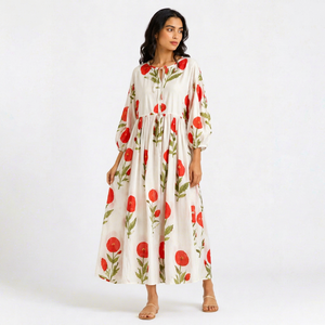 Cotton Hand Block Print V-neck Maxi Dress Women <b>Summer</b> Floral Boho Long <b>Kaftan</b> Party Casual Modern Fit Flare Eco-Friendly - Product Image 1