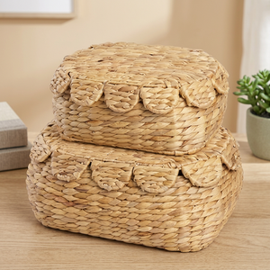 Ensemble de 2 petits paniers de rangement vintage en jacinthe d'eau à bords festonnés avec couvercles, écologiques et multifonctionnels - Product Image 2