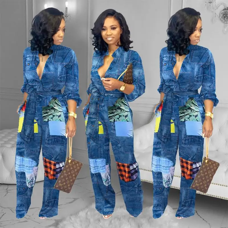 Woman Clothes Denim Print Loose Belt Wide Leg Casual Slim Fashion New Rompers Womens Jumpsuit Button Pocket Jeans