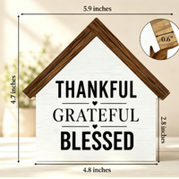 Panneau en bois rustique en forme de maison de ferme, avec inscription « Thankful Grateful Blessed », pour décoration de table, de cheminée ou d'étagère à la maison
