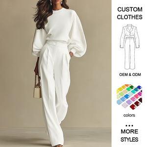 Ensemble deux pièces uni pour <span class=keywords><strong>femme</strong></span> avec haut en maille côtelée blanche à coupe ample et <span class=keywords><strong>pantalon</strong></span> large taille haute - Product Image 1