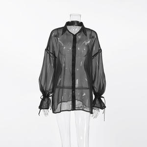 Camisa de malha preta, camisa elegante de manga lanterna solta, casaco de comprimento médio feminino - Product Image 4