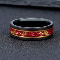 Bague en tungstène noir 8 mm avec émeraude verte, incrustation de feuille d'or malachite, ligne dorée plate, alliance pour homme