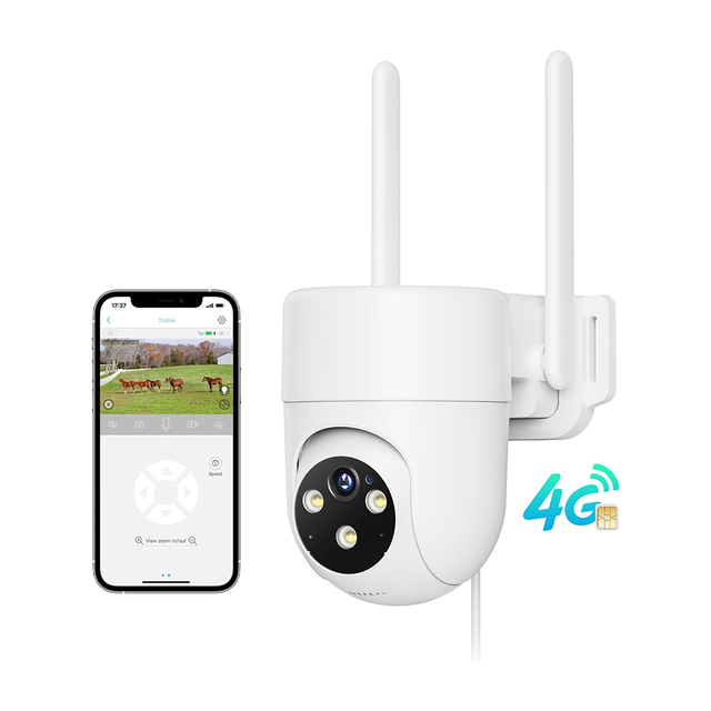 4G Wired Camera No Battery 4G LTE Cellular Security Camera Outdoor 24/7 Recording 360° View 2K Color Night Vision Two-Way Talk