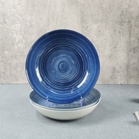 Service de table en porcelaine 18 pièces avec impression tampon motif bleu, assiettes plates et assiettes à soupe en céramique