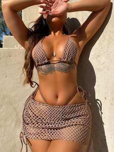 Ensemble <span class=keywords><strong>de</strong></span> bikini trois pièces en couleur unie FloralCharm pour l'été, vente en gros, <span class=keywords><strong>maillot</strong></span> <span class=keywords><strong>de</strong></span> <span class=keywords><strong>bain</strong></span> en filet <span class=keywords><strong>de</strong></span> pêche, camisole pour femmes - Product Image 5