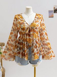 Women's Floral Print Tie Front Blouse - V-Neck Sleeve Peplum <b>Top</b> Shirt Fashion - Product Image 5