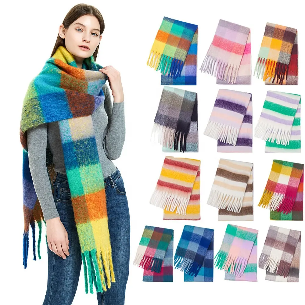 Оптовая продажа, модный большой объемный клетчатый Пушистый Зимний шарф, клетчатый одеяло большого размера, шарфы с кисточками, шали для женщин