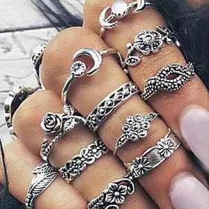 Anillos Vintage chapados en oro y plata para mujer, 11 unidades por juego de joyería, venta al por mayor, 2021