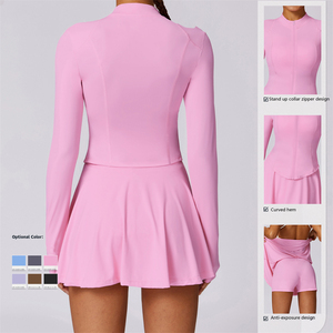 Logo Kustom Musim Panas Slim Lengan Panjang Cepat Kering Spandex/Nilon Kerah Tegak Setelan Tenis Golf Dua Potong Wanita Jaket Ritsleting Rok - Product Image 4