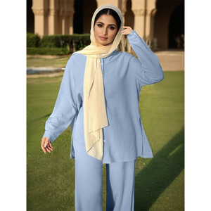 Ensemble deux pièces pour femmes, Eid musulman, chemisier et jupe, ensemble musulman, chemise à boutons simple, pantalon à jambes larges, ensembles assortis - Product Image 1