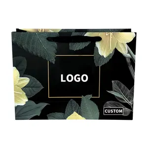 कस्टम डिजाइन रिबन संभाल काले लक्जरी गहने कॉस्मेटिक उपहार कपड़े शॉपिंग पैकेजिंग 250 जीएसएम कला पेपर बैग के लिए कपड़े