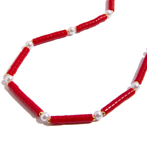 Fashion Layered Necklace Gold <b>Chain</b> Red Beads Pearl <b>Cross</b> Pendant Geometric Design Zinc Alloy Jewelry - Product Image 4