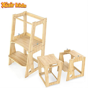 Tour d'apprentissage Montessori tout-en-un Xiair, chaise d'aide <span class=keywords><strong>de</strong></span> cuisine pliable avec glissières, laquée naturellement - Product Image 1