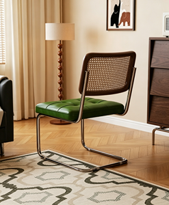 Midcentury Modern Leather <b>Chair</b> With Cane <b>Back</b> Metal Legs Tufted Seat Living Room Furniture - Product Image 3