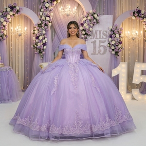 Xybb02-Pz Lavender Quinceanera <b>Ball</b> Gown Lace Applique Ruffled Chiffon <b>Glitter</b> Corset Dress Sweetheart Neck Vintage Formal - Product Image 1