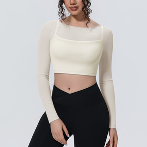 Tops cortos de malla para yoga para mujer, <span class=keywords><strong>camisa</strong></span> transparente de <span class=keywords><strong>manga</strong></span> <span class=keywords><strong>larga</strong></span>, de secado rápido y ajustada - Product Image 2