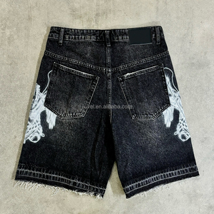 شورت جينز رجالي بمقاسات كبيرة بتصميم مخصص وطباعة شاشة وتأثير باهت ومغسول وحواف خام من الشركة المصنعة - Product Image 4