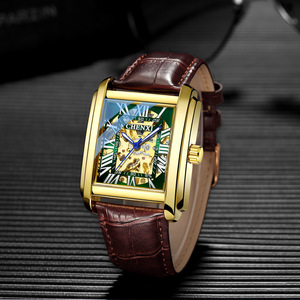Reloj totalmente automático de moda con banda de cuero CHENXI, Reloj mecánico hueco cuadrado para hombre, Reloj de pulsera de lujo dorado de negocios, Reloj - Product Image 1