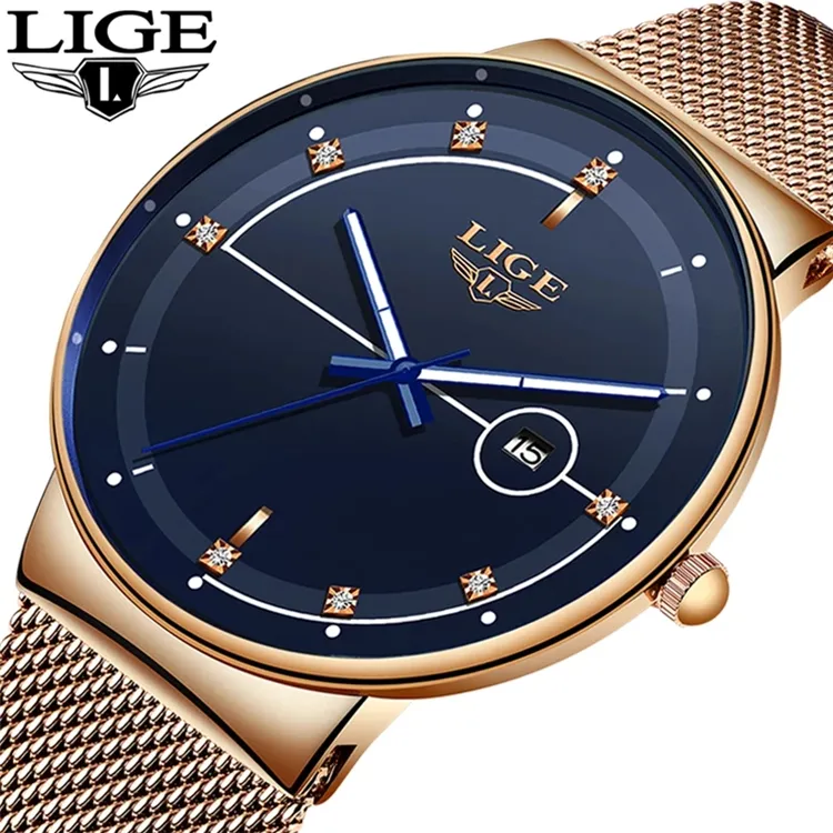 lige latest wrist watch 9987 fashion Ultra Thin Quartz Watch For Men Mesh Strap Waterproof Gold Watch Relogio Masculinos