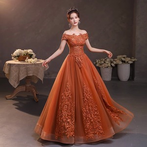 Off Shoulder Orange Evening Gown With Embroidery For Women Stage Performance Dress Long Puffy Skirt Formal Wear - Product Image 1