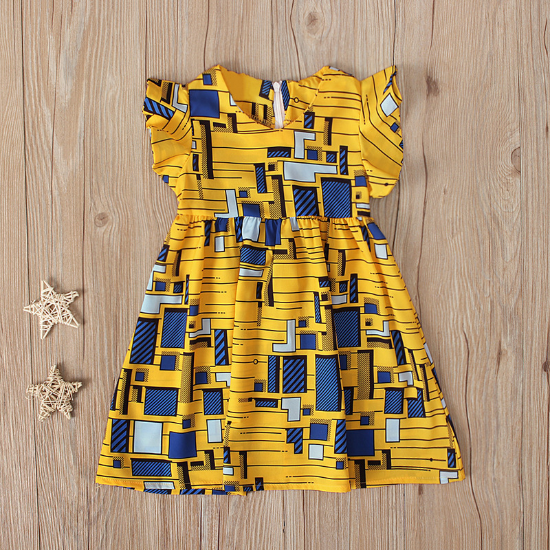 Wholesale summer kids girls holiday dress african printed ruffles sleeve a-line dress